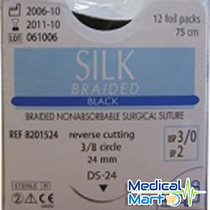3/0 Silk Braided Suture, Black (75cm)